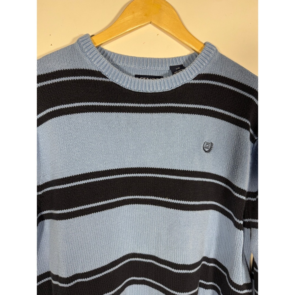 Chaps Mens Large Light Blue Black Striped Crewneck 100% Cotton Knit Sweater